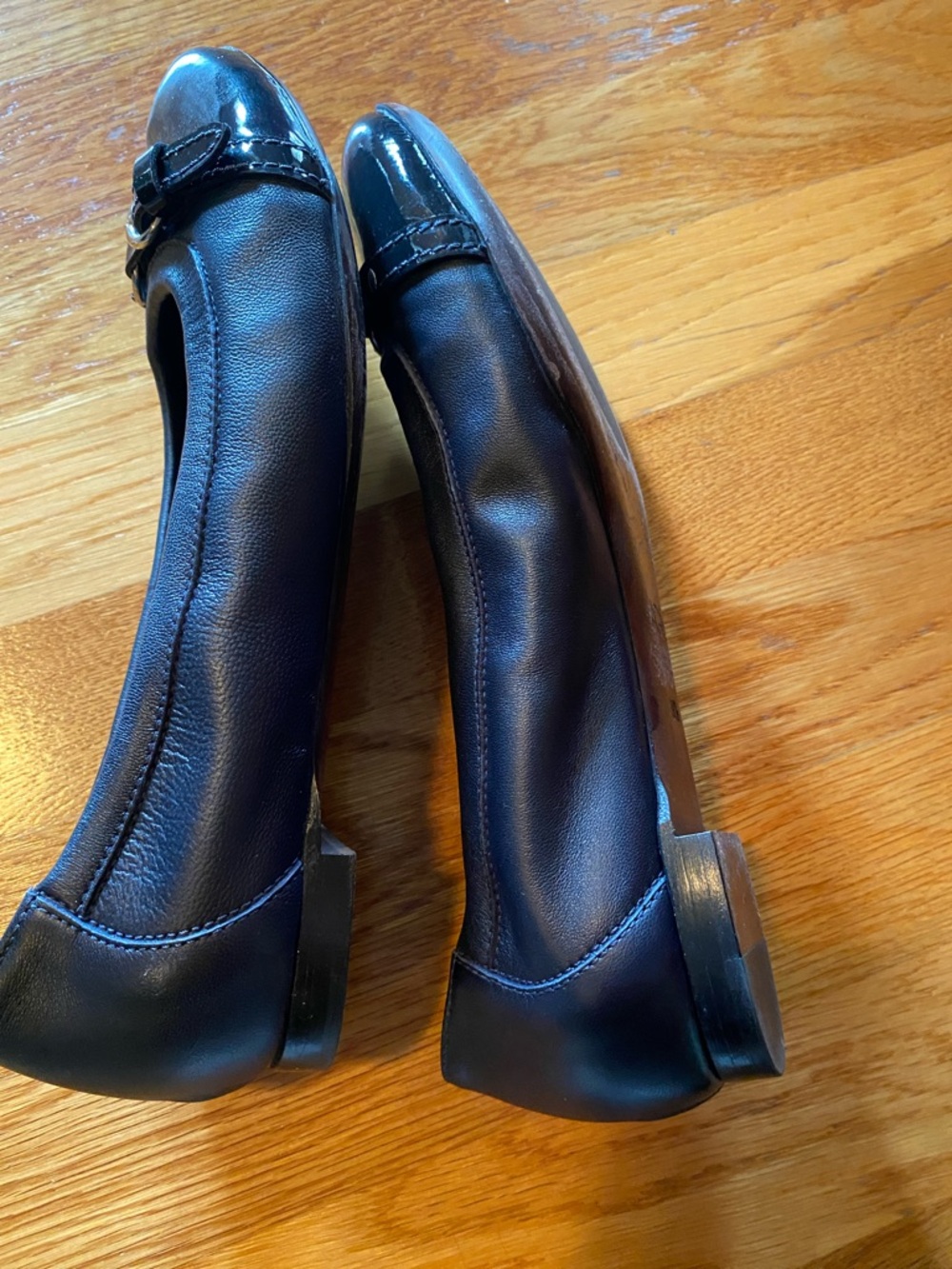 AGL Navy Leather and Patent Toe Ballet Flats with Buckle - Picture 6 of 9